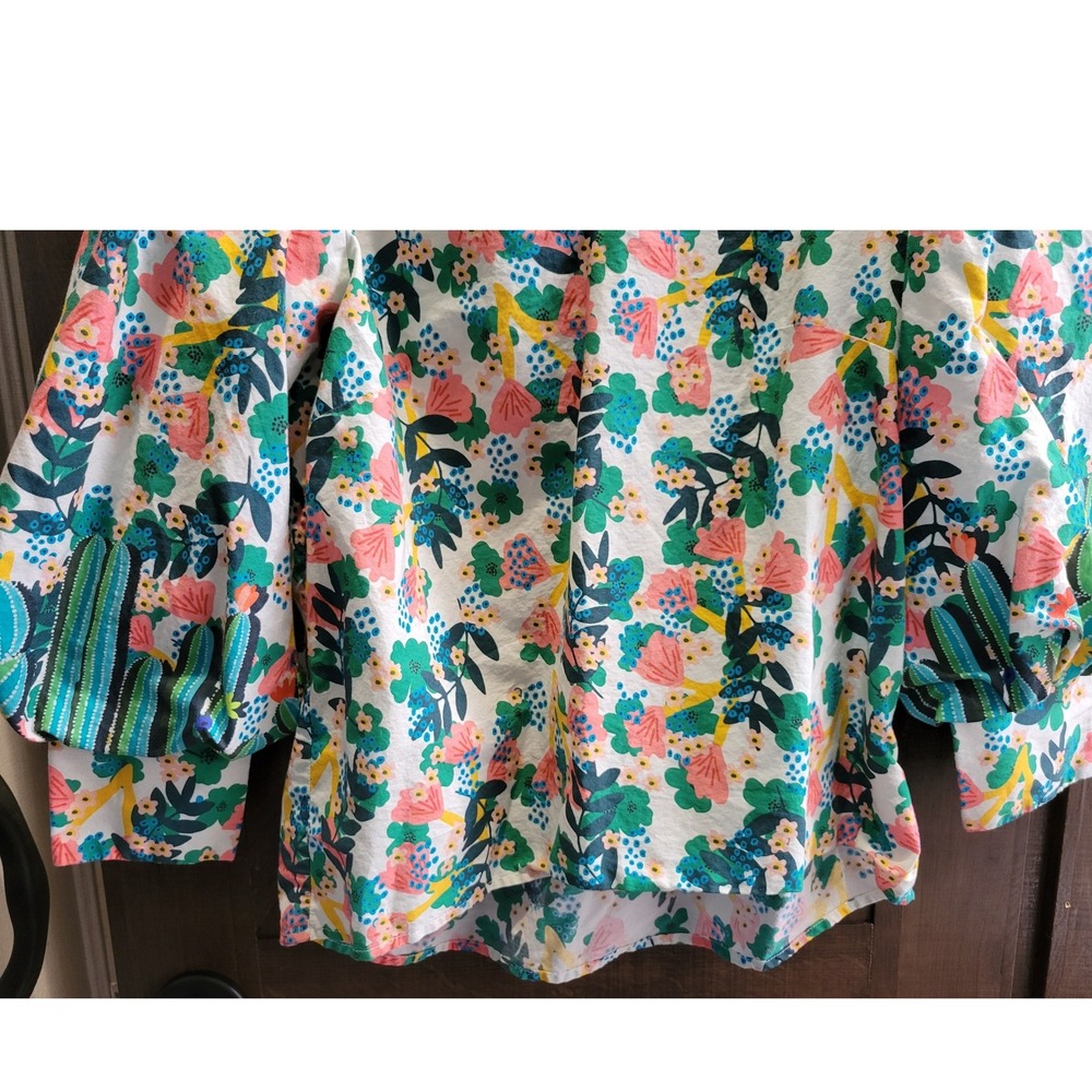 Emily Lovelock Floral Cactus Print Puff Sleeve Ruffle Neck Blouse XS US 2-4 - Picture 3 of 13